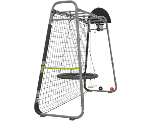 Portique de jeux multifonction en métal avec filet de rebond pour football, balançoire nid, balançoire classique et panier de basket.