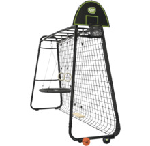 Portique de jeu EXIT Toys GetSet Monkeybar en métal noir avec balançoire nid, siège de balançoire, anneaux, panier de basket et filet de but.