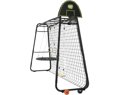 Portique de jeu EXIT Toys GetSet Monkeybar en métal noir avec balançoire nid, siège de balançoire, anneaux, panier de basket et filet de but.