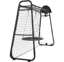 Portique de jeu noir en métal avec balançoire nid, anneaux de gymnastique, panier de basket et filet d escalade pour jardin.