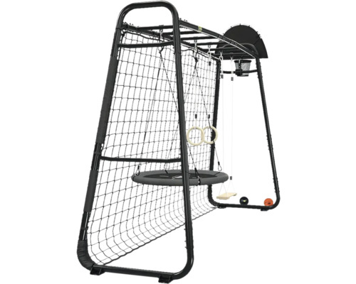Portique de jeu noir en métal avec balançoire nid, anneaux de gymnastique, panier de basket et filet d escalade pour jardin.