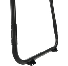 Cadre métallique noir pour range-bûches avec pieds de support et fixations par boulons.