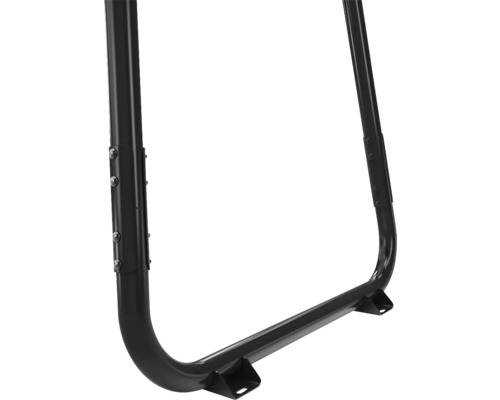 Cadre métallique noir pour range-bûches avec pieds de support et fixations par boulons.