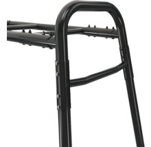 Vue détaillée d'un cadre métallique noir pour systèmes d'étagères avec cadre tubulaire et raccords vissés.