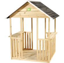 EXIT Toys Spillhaus aus Holz mat Suedeldach, Gelänner, säitlechen Ablagen an EXIT Toys Logo.