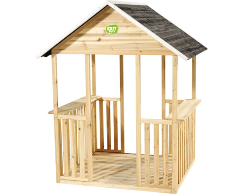EXIT Toys Spillhaus aus Holz mat Suedeldach, Gelänner, säitlechen Ablagen an EXIT Toys Logo.