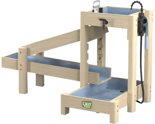 Circuit d'eau en bois EXIT Toys pour enfants avec pompe à main, robinet et trois bacs sur différents niveaux.