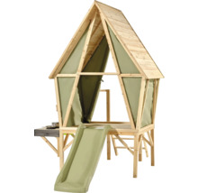 Kinderspielhaus aus Holz mit Rutsche, Stoffwänden und seitlicher Spielküche.