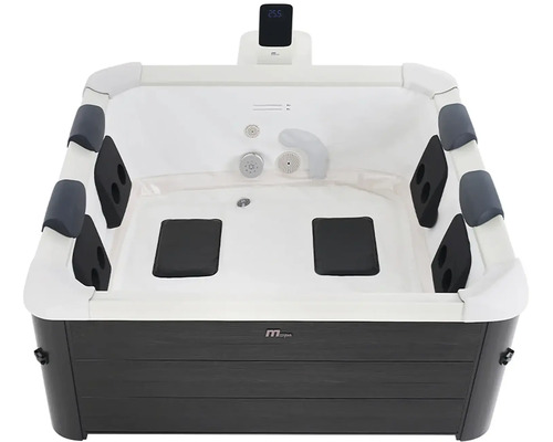 Spa carré avec habillage extérieur gris aspect bois, intérieur blanc, coussins d'assise noirs, écran digital et Mspa Logo.