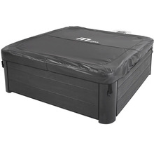 Spa gonflable carré MSpa avec habillage aspect bois sombre et bâche de protection incluant le MSpa Logo.