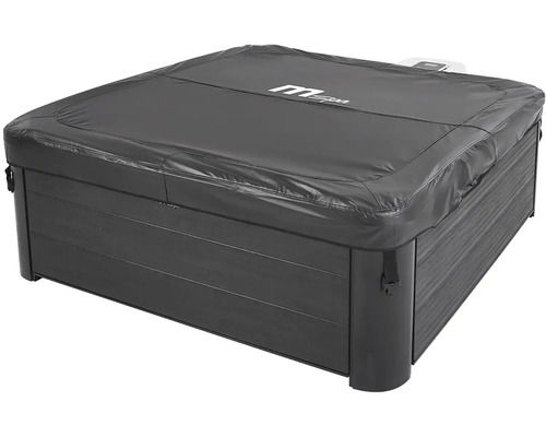 Spa gonflable carré MSpa avec habillage aspect bois sombre et bâche de protection incluant le MSpa Logo.