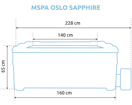 Dimensions jacuzzi MSPA Oslo Sapphire: largeur 160 centimètres, totale 228 centimètres, intérieure 140 centimètres, hauteur 65 centimètres.