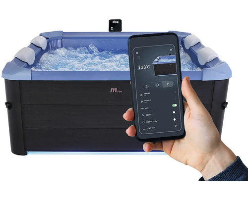 Spa gonflable avec commande par application smartphone, revêtement sombre, eau bouillonnante, appuie-têtes et affichage de 38 degrés Celsius.