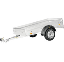 Remorque à un essieu en métal avec parois latérales et garde-boue sur les pneus.