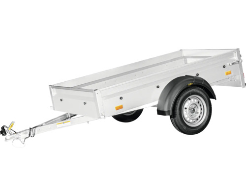 Remorque à un essieu en métal avec parois latérales et garde-boue sur les pneus.