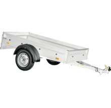 Remorque pour voiture à caisse ouverte, essieu simple, ridelles en métal et garde-boue en plastique.