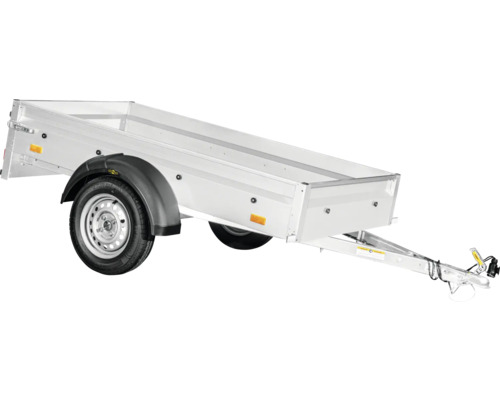 Remorque pour voiture à caisse ouverte, essieu simple, ridelles en métal et garde-boue en plastique.