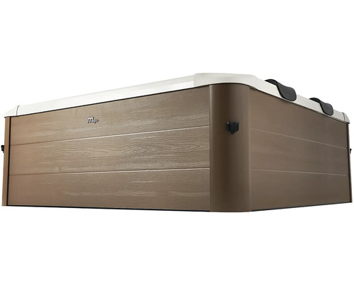 Spa extérieur carré avec habillage aspect bois, rebord blanc et appuie-têtes. Logo MSpa.