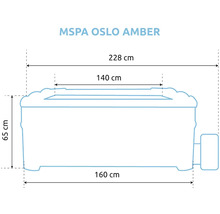 Schéma dimensionnel du spa MSPA Oslo Amber avec des largeurs de 228, 160 et 140 centimètres et une hauteur de 65 centimètres.