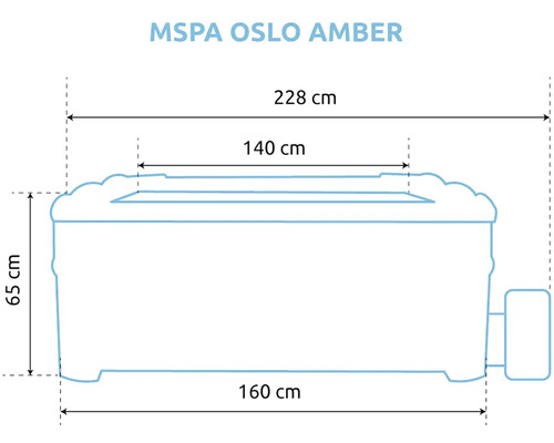 Schéma dimensionnel du spa MSPA Oslo Amber avec des largeurs de 228, 160 et 140 centimètres et une hauteur de 65 centimètres.