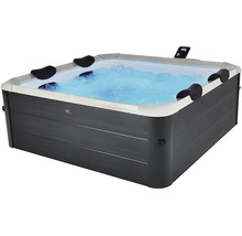 Spa carré MSpa avec revêtement anthracite, six appuis-tête noirs et écran numérique.