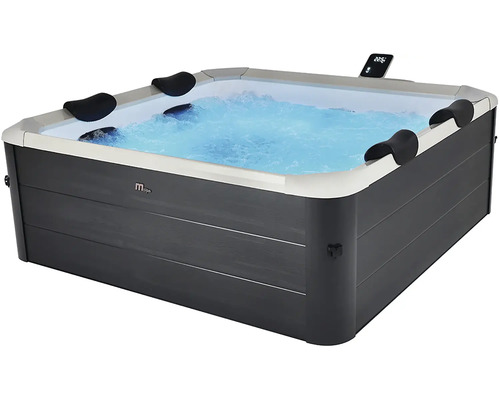 Spa carré MSpa avec revêtement anthracite, six appuis-tête noirs et écran numérique.