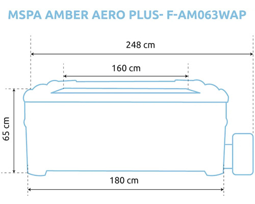 Spa MSpa Amber Aero Plus F-AM063WAP: largeur extérieure 180, largeur intérieure 160, largeur totale 248 et hauteur 65 centimètres.