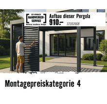Moderne Pergola mit verstellbaren Lamellen auf einer Terrasse, Hornbach Handwerker-Service Logo, Montagepreiskategorie 4.