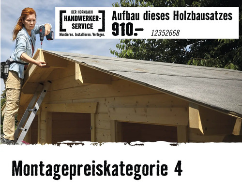 Eine Frau montiert ein Gartenhaus aus Holz mit einem Akkubohrer. Hornbach Handwerker-Service für Montage von Holzbausätzen.