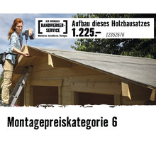 Eine Handwerkerin montiert einen Holzbausatz auf einer Leiter. Hornbach Handwerker-Service Logo und Montagepreiskategorie 6.