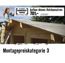 Frau montiert Dach eines Holzgartenhauses mit Akkuschrauber, Hornbach Handwerker-Service Logo für Holzbausätze, Montagepreiskategorie drei.