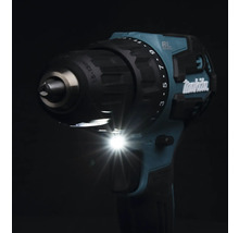 Perceuse-visseuse sans fil Makita avec moteur sans balais, éclairage LED, mandrin auto-serrant, réglage du couple et Makita Logo.