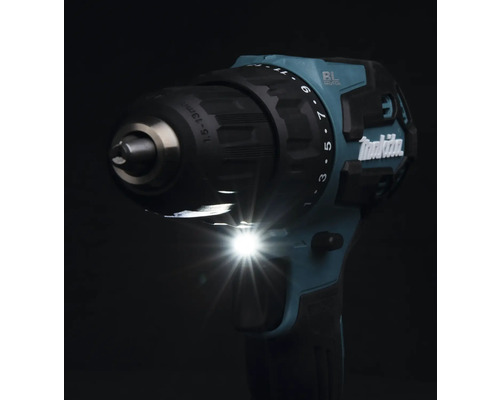 Perceuse-visseuse sans fil Makita avec moteur sans balais, éclairage LED, mandrin auto-serrant, réglage du couple et Makita Logo.