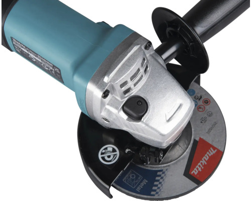 Makita Winkelschleifer in Türkis und Silber mit Metallschleifscheibe und schwarzem Zusatzhandgriff.