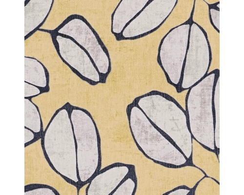 Papier peint intissé avec motif de grandes feuilles en jaune et gris, surface structurée