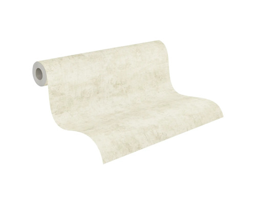 Vliestapete mit Putzstruktur in Beige, teilweise ungerollt.