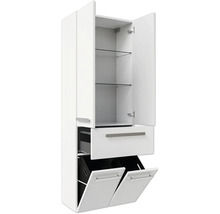 Weißer Hochschrank mit Glasböden oben, einer Schublade in der Mitte und zwei ausklappbaren Wäschekörben unten.