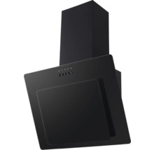 Hotte aspirante murale noire de conception inclinée avec cheminée et commande par boutons-poussoirs.