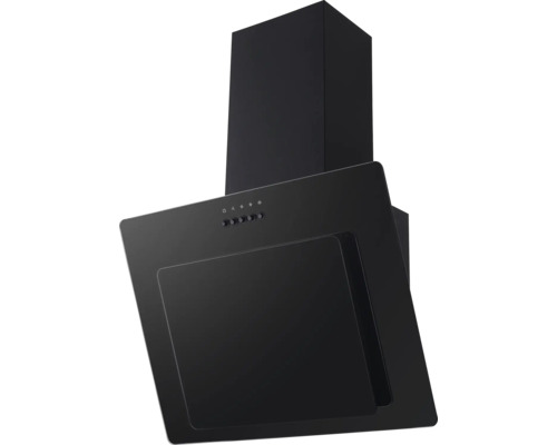 Hotte aspirante murale noire de conception inclinée avec cheminée et commande par boutons-poussoirs.
