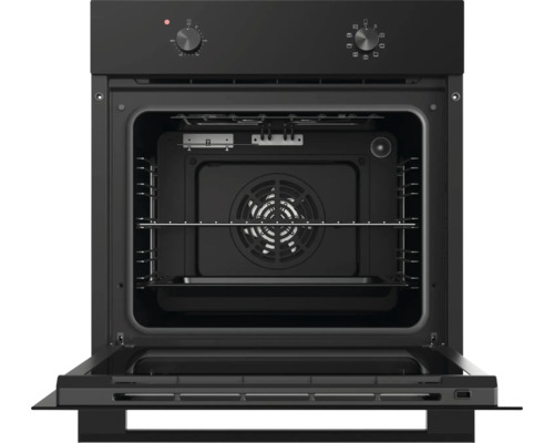 Four encastrable noir avec porte ouverte, comprenant une grille, une plaque de cuisson et un ventilateur de convection.