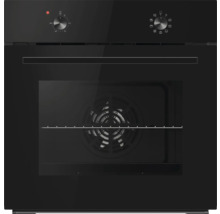 Four encastrable noir avec façade en verre, deux boutons rotatifs et vitre transparente.