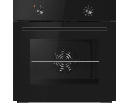 Four encastrable noir avec façade en verre, deux boutons rotatifs et vitre transparente.