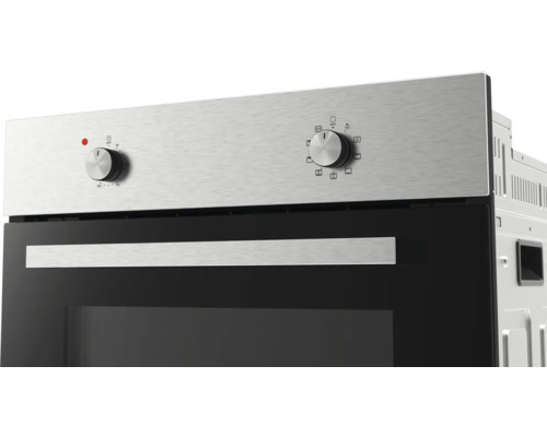 Einbaubackofen mit Bedienfeld aus Edelstahl, zwei Drehreglern für Temperatur und Funktionen sowie schwarzer Glastür mit Griff.
