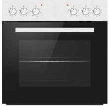 Four encastrable avec panneau de commande en acier inoxydable, six boutons rotatifs et façade en verre noir.