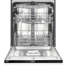 Lave-vaisselle encastrable PKM ouvert avec trois paniers métalliques et panneau de commande numérique sur le dessus de la porte.