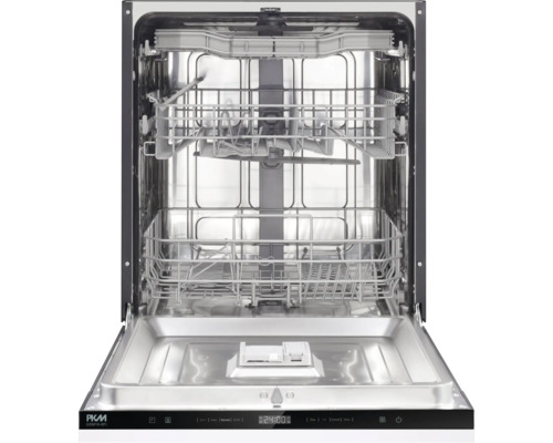 Lave-vaisselle encastrable PKM ouvert avec trois paniers métalliques et panneau de commande numérique sur le dessus de la porte.
