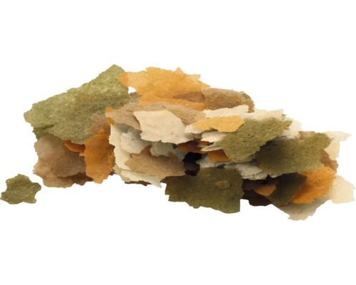 Nourriture multicolore en flocons pour poissons d ornement de différentes formes et tailles.