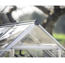 Nahaufnahme des Giebels eines Gewächshauses mit Aluminiumprofilen und transparenten Paneelen.
