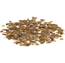 Nourriture pour poissons d aquarium sous forme de flocons, lamelles fines et rondes.