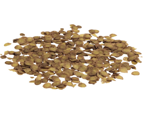 Nourriture pour poissons d aquarium sous forme de flocons, lamelles fines et rondes.